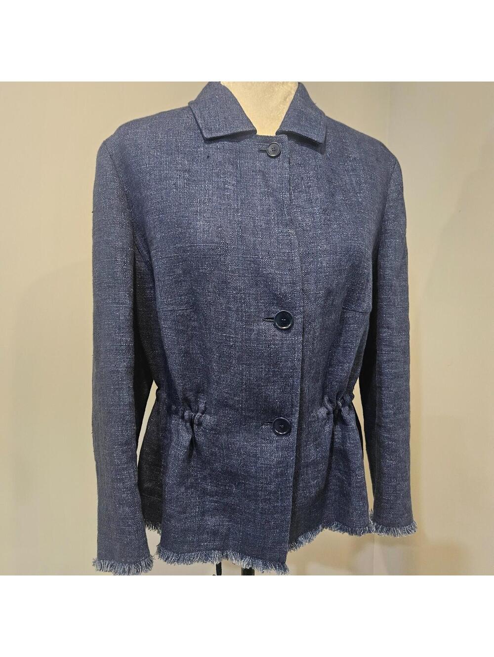 Akris Punto Blue Linen Jacket Denim Look Fringe Hem US 12